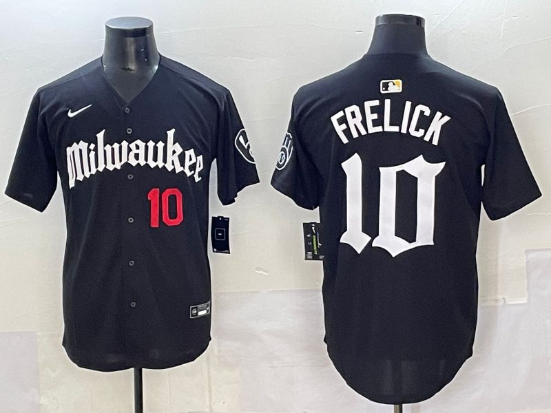 Men 2025 Milwaukee Brewers #10 Frelick Black Five generations Joint Name Nike MLB Jersey style 07->milwaukee brewers->MLB Jersey